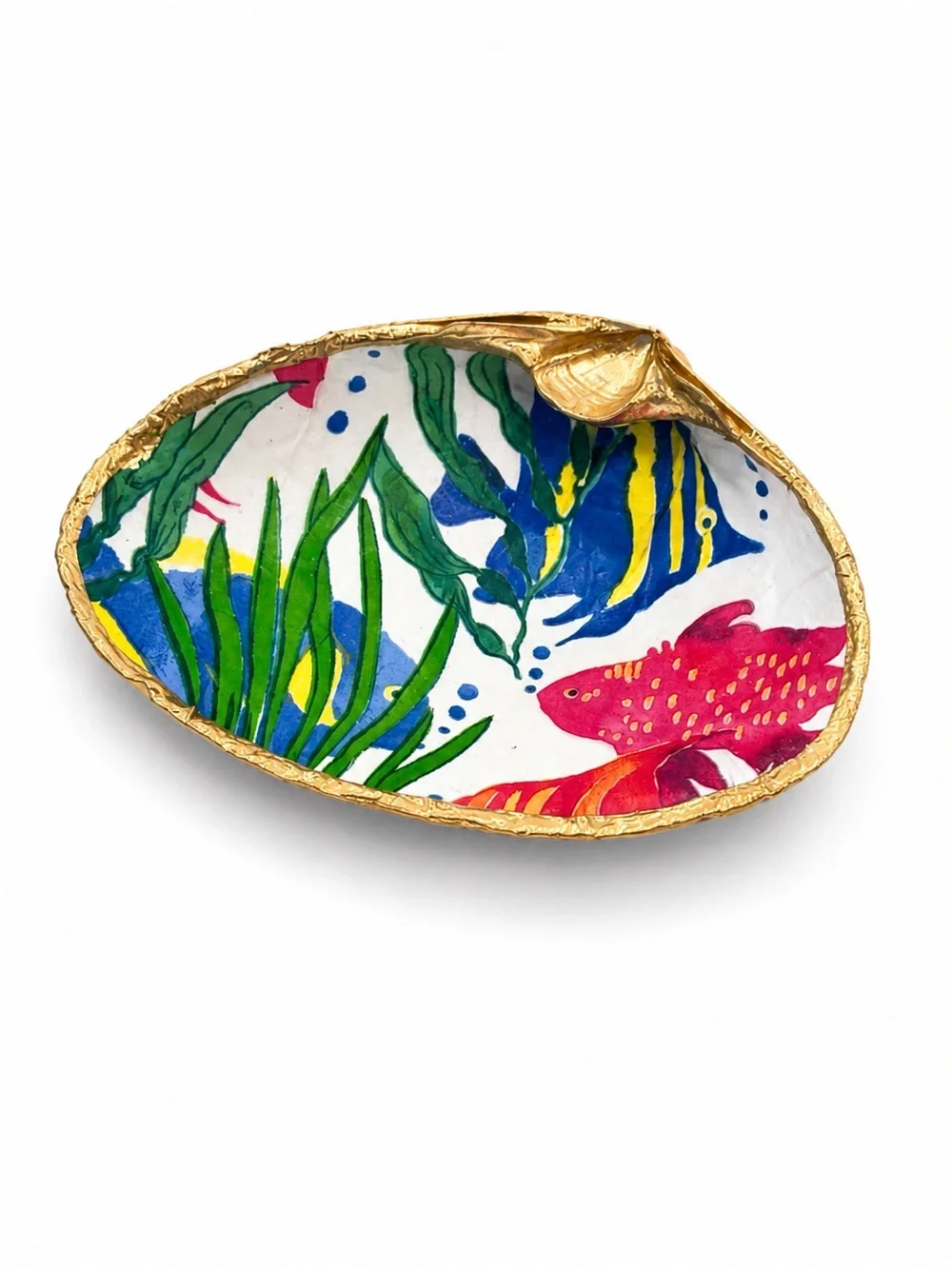 Tropical Fish Clam Shell Ring Dish | Hand Decoupage Nautical Jewelry Holder - Picture 4 of 4